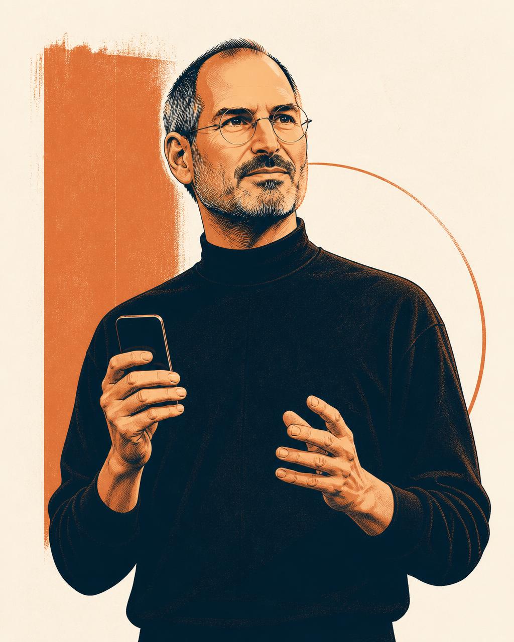 Stylized illustration of a visionary founder holding a phone, evoking the real business decisions behind iconic companies.